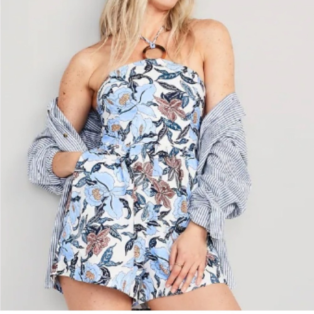 Old Navy Linen Blend Floral Halter Romper Blue Cottagecore Summer